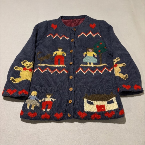 Handmade Sweaters - Hand Knit Folk Art Intarsia Cardigan Womens Medium Lined Navy Blue House Heart